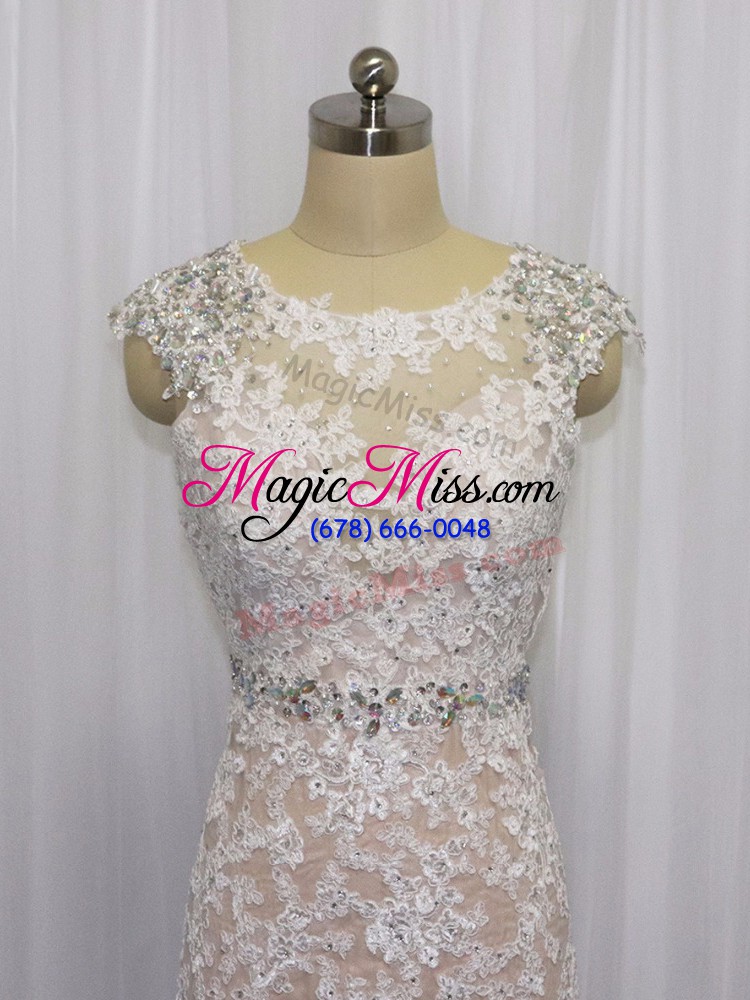 wholesale cap sleeves lace brush train backless prom party dress in champagne with beading and appliques