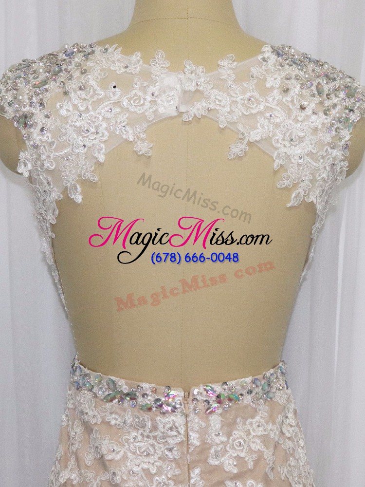 wholesale cap sleeves lace brush train backless prom party dress in champagne with beading and appliques