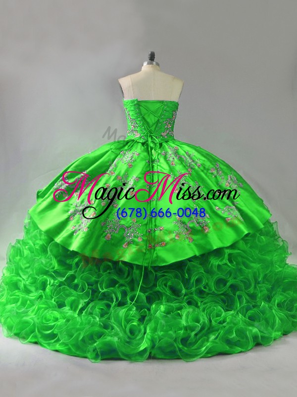 wholesale gorgeous sweetheart sleeveless quince ball gowns brush train embroidery and ruffles fabric with rolling flowers