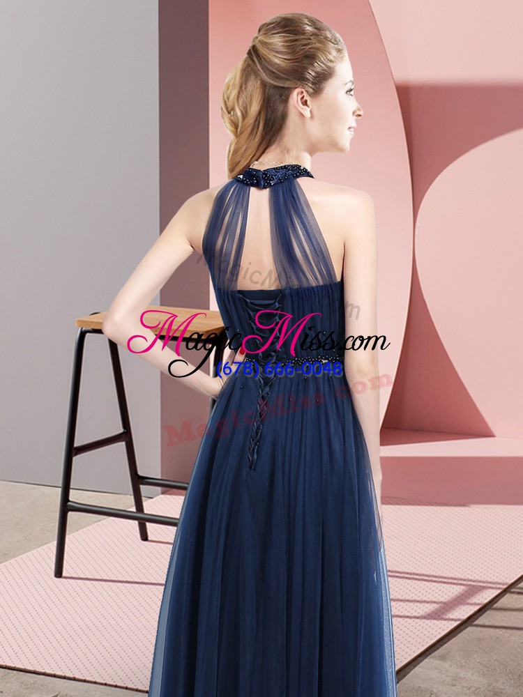 wholesale excellent blue halter top neckline beading and appliques vestidos de damas sleeveless lace up