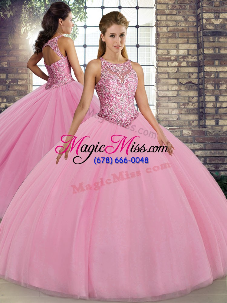 wholesale beauteous pink lace up quince ball gowns embroidery sleeveless floor length