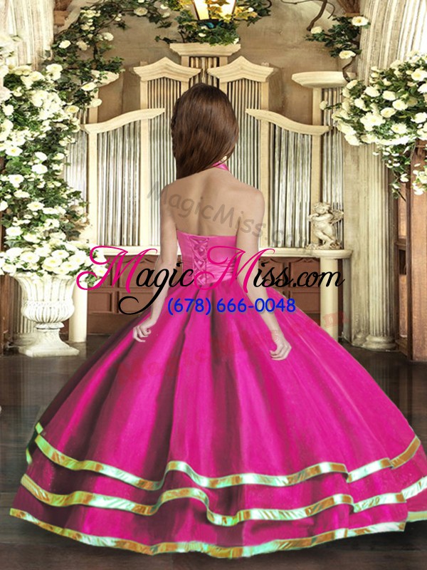wholesale fuchsia ball gowns organza halter top sleeveless ruffled layers floor length lace up kids formal wear