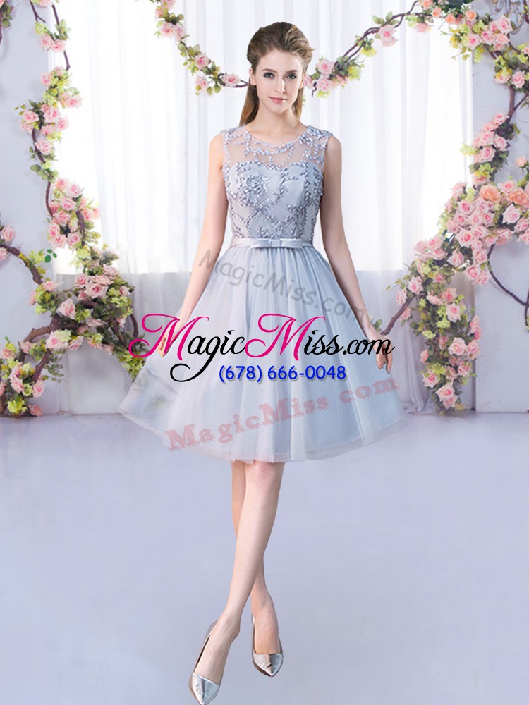 wholesale knee length grey wedding guest dresses tulle sleeveless lace and belt