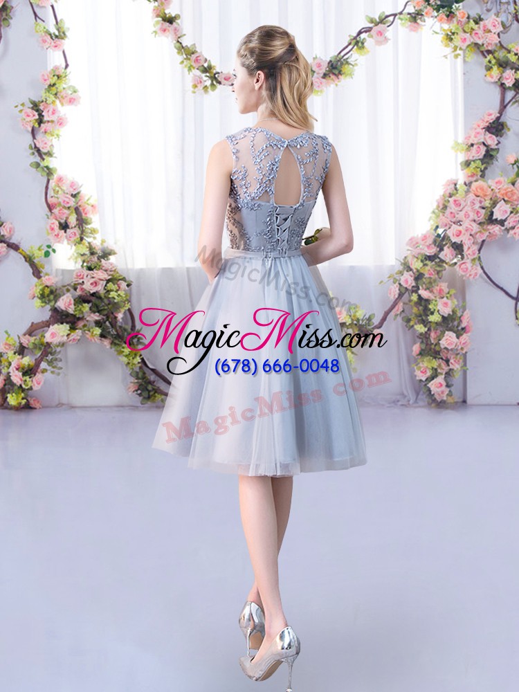 wholesale knee length grey wedding guest dresses tulle sleeveless lace and belt