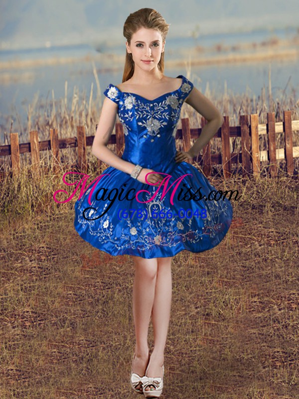 wholesale new arrival royal blue off the shoulder lace up embroidery and ruffled layers ball gown prom dress sleeveless