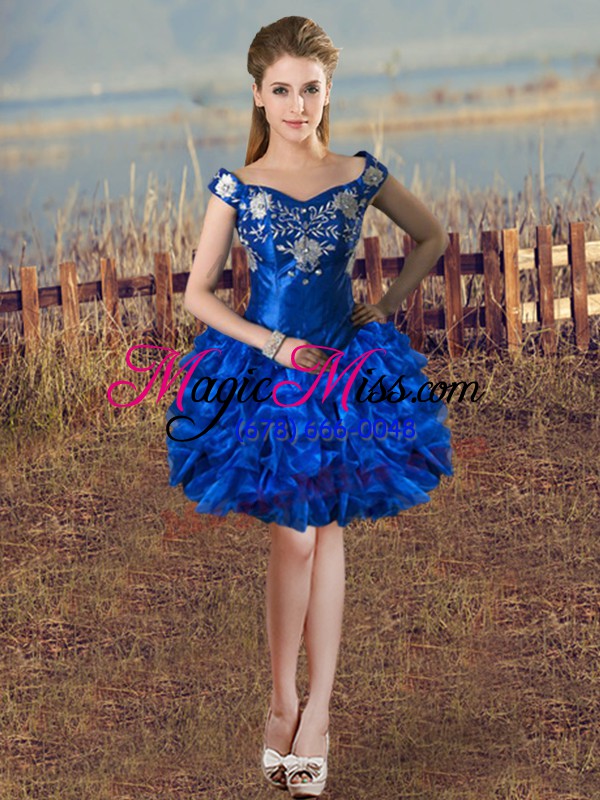 wholesale new arrival royal blue off the shoulder lace up embroidery and ruffled layers ball gown prom dress sleeveless