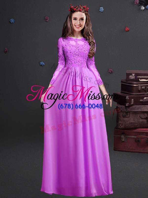 wholesale unique long sleeves chiffon floor length lace up quinceanera dama dress in lilac with appliques
