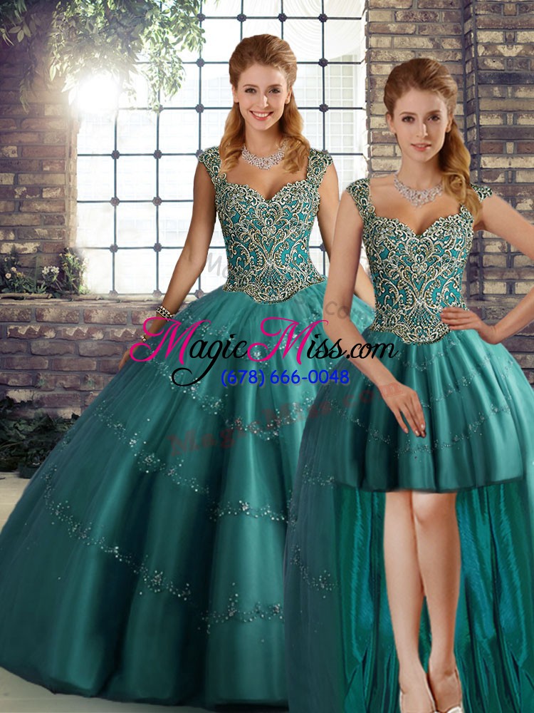 wholesale affordable floor length three pieces sleeveless teal quince ball gowns lace up