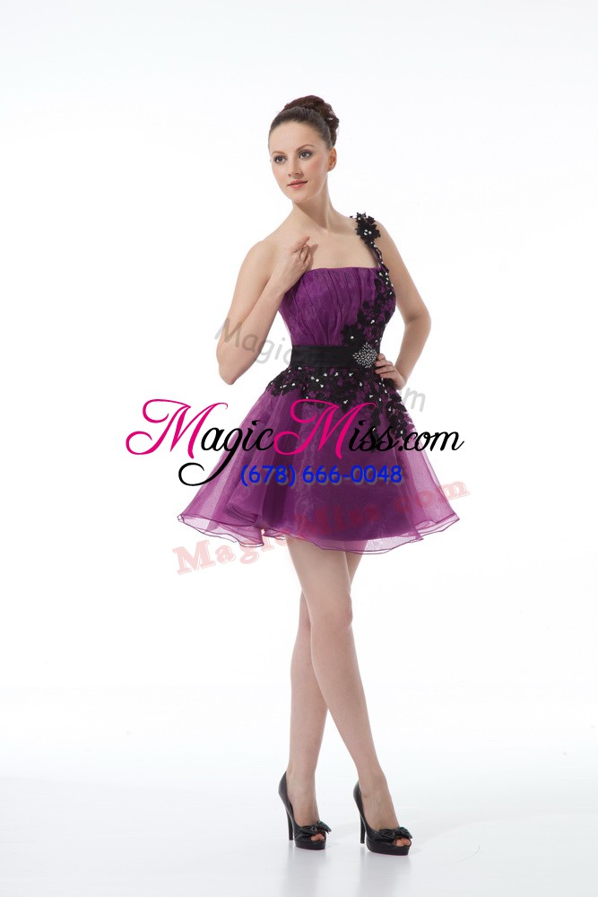 wholesale admirable eggplant purple a-line one shoulder sleeveless organza mini length zipper beading and lace and appliques cocktail dress