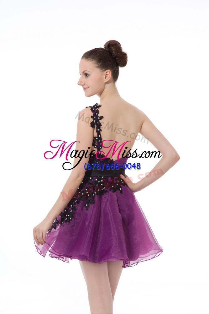 wholesale admirable eggplant purple a-line one shoulder sleeveless organza mini length zipper beading and lace and appliques cocktail dress