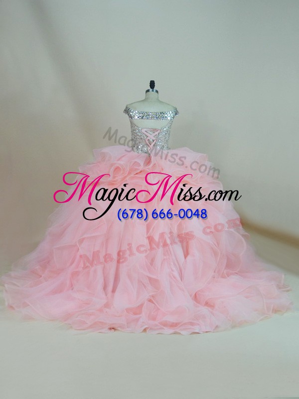 wholesale pink sleeveless organza brush train lace up 15 quinceanera dress for sweet 16 and quinceanera