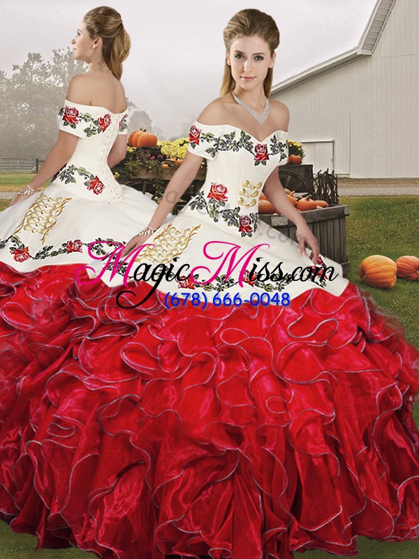 wholesale sleeveless organza floor length lace up sweet 16 dresses in white and red with embroidery and ruffles