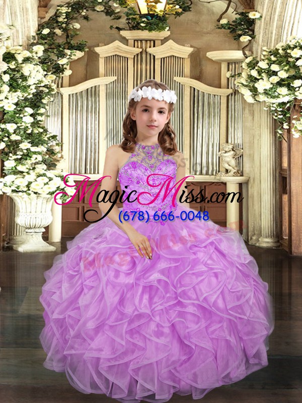 wholesale custom design lilac ball gowns organza halter top sleeveless beading and ruffles floor length lace up little girls pageant dress
