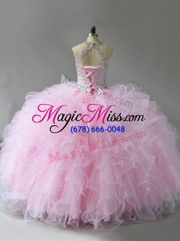 wholesale floor length pink sweet 16 dresses tulle sleeveless beading and ruffles