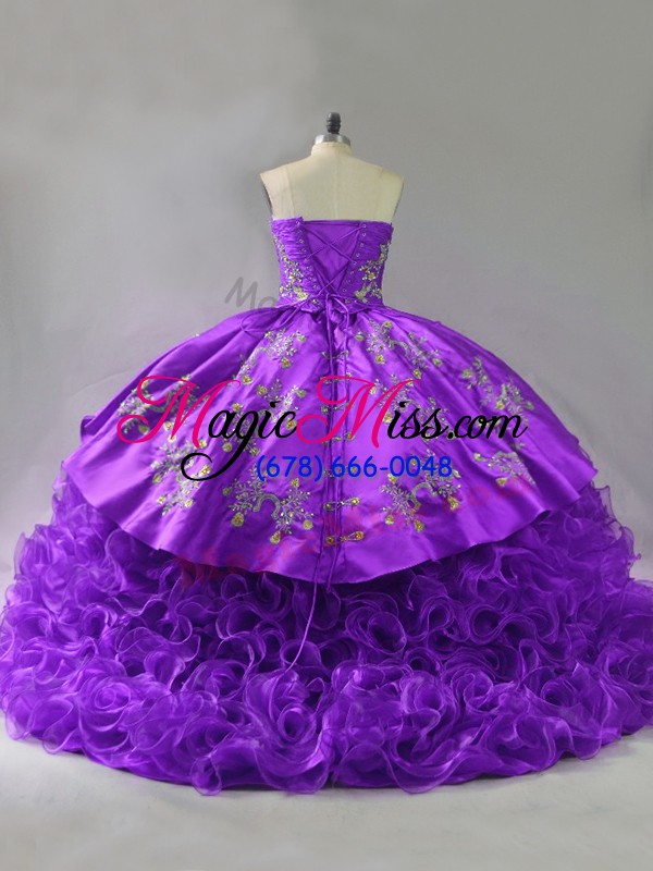 wholesale purple fabric with rolling flowers lace up sweetheart sleeveless sweet 16 dress brush train embroidery and ruffles