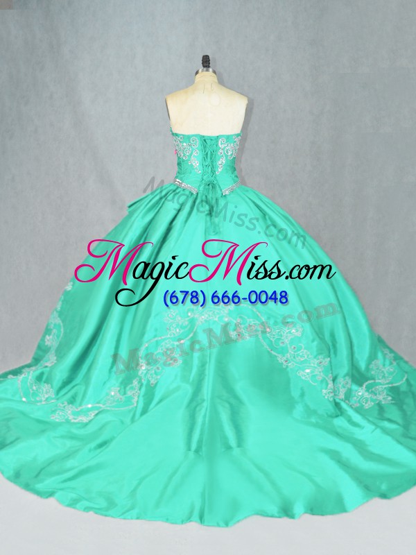 wholesale affordable sleeveless court train lace up embroidery ball gown prom dress