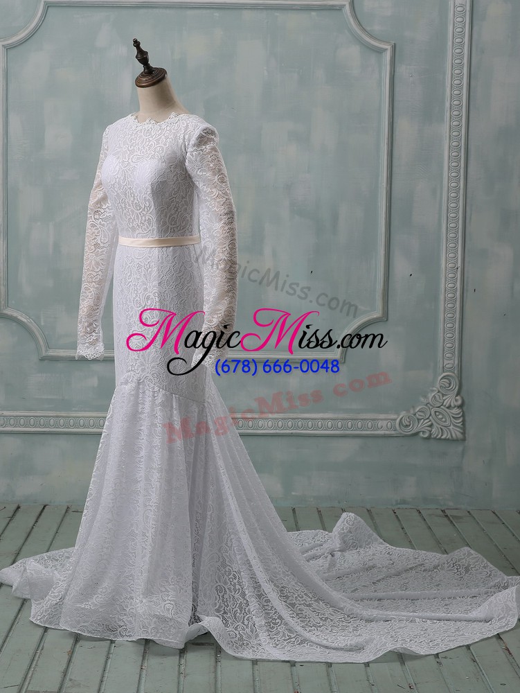 wholesale white backless scoop lace and belt wedding dress lace long sleeves court train