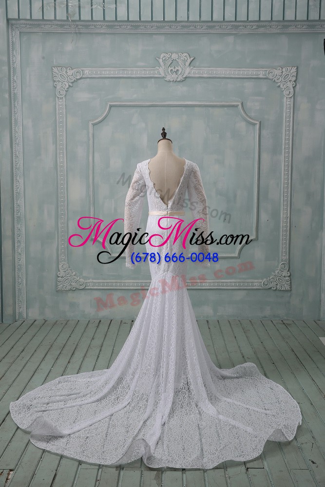 wholesale white backless scoop lace and belt wedding dress lace long sleeves court train
