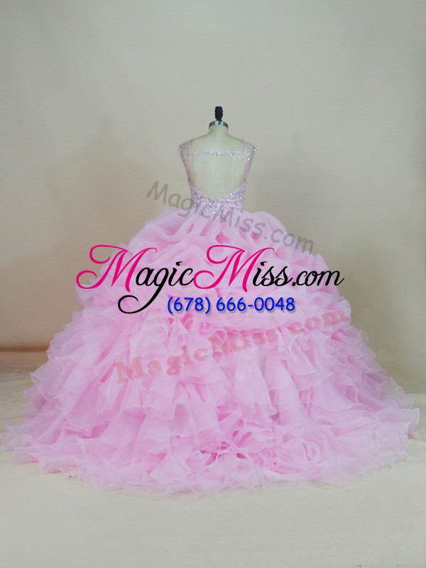 wholesale beautiful organza scoop sleeveless brush train backless beading and ruffles ball gown prom dress in pink