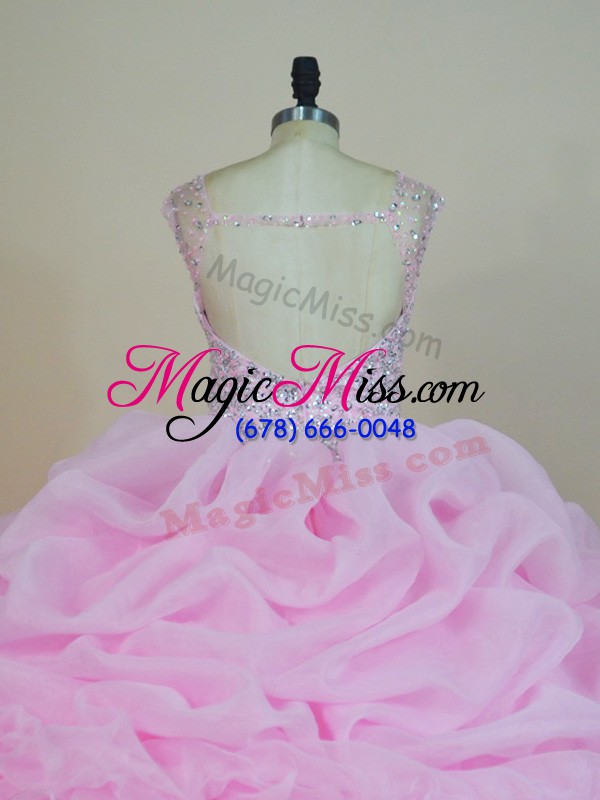 wholesale beautiful organza scoop sleeveless brush train backless beading and ruffles ball gown prom dress in pink
