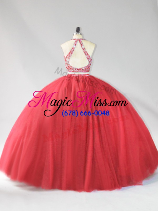 wholesale eye-catching floor length red quinceanera dresses tulle sleeveless beading