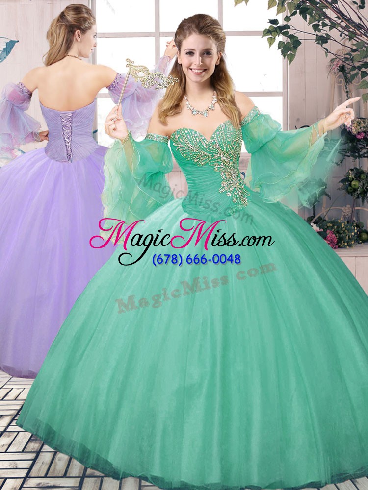 wholesale pretty turquoise sleeveless beading floor length ball gown prom dress
