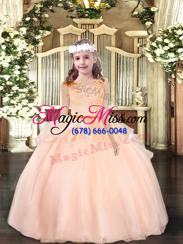 wholesale low price scoop sleeveless kids pageant dress floor length lace peach organza