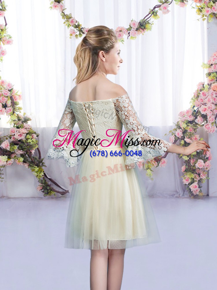 wholesale graceful champagne empire lace and bowknot bridesmaid dress lace up tulle 3 4 length sleeve mini length