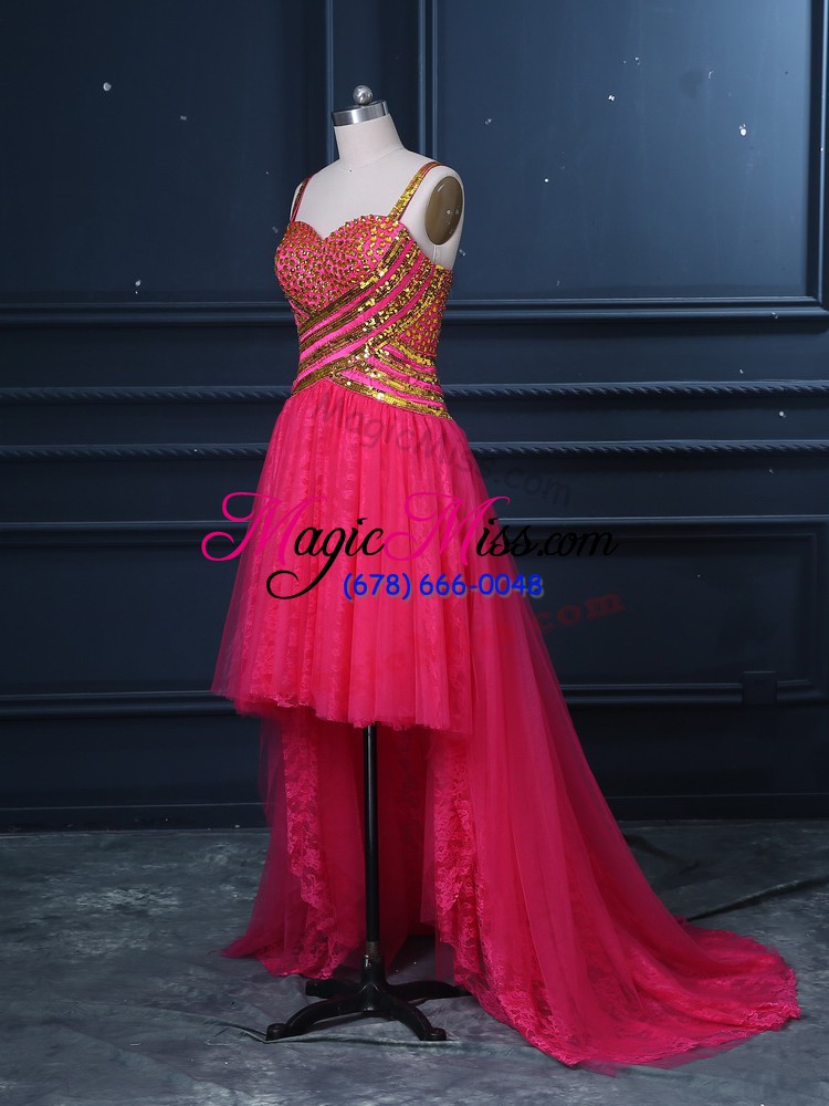 wholesale popular high low zipper prom dresses hot pink for prom and party and military ball with beading and lace and sequins