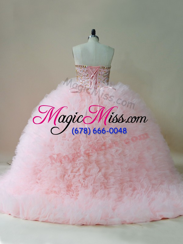 wholesale sleeveless tulle brush train lace up quinceanera dresses in baby pink with beading and ruffles