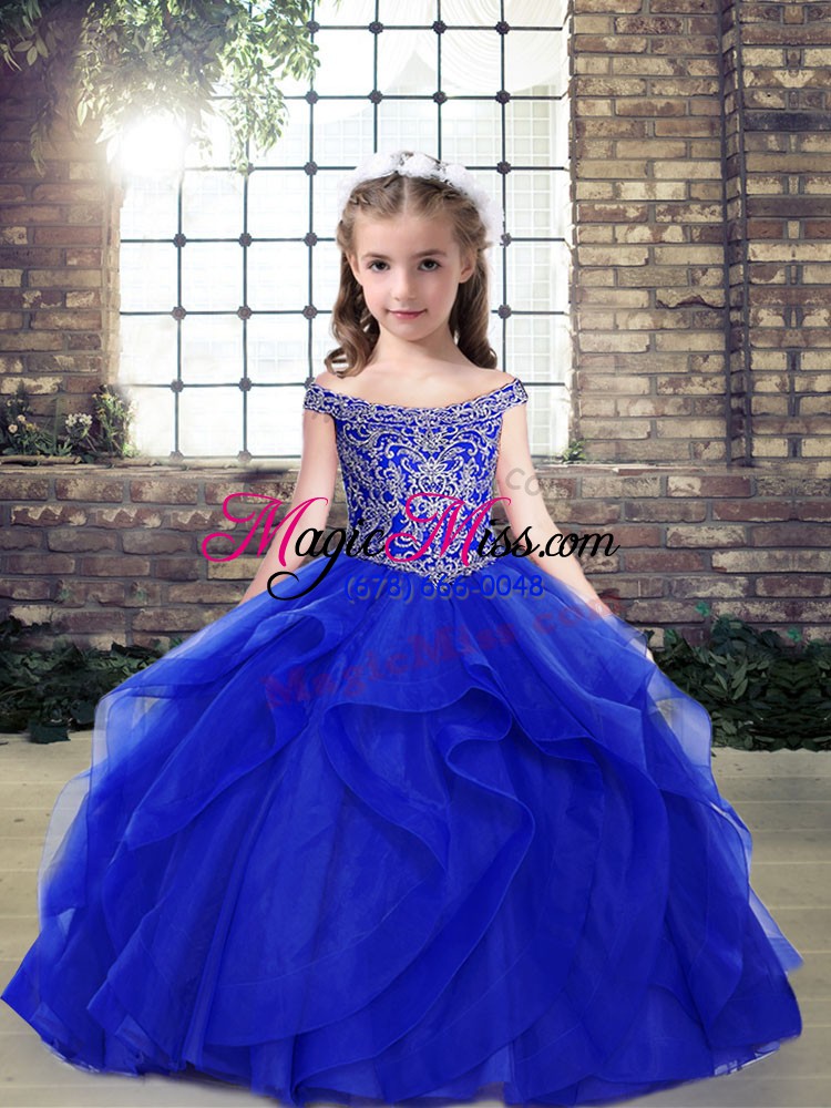 wholesale cute royal blue sleeveless organza lace up girls pageant dresses for party and wedding party