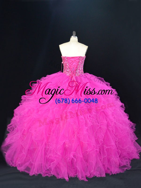 wholesale beading and ruffles quinceanera gown fuchsia lace up sleeveless floor length