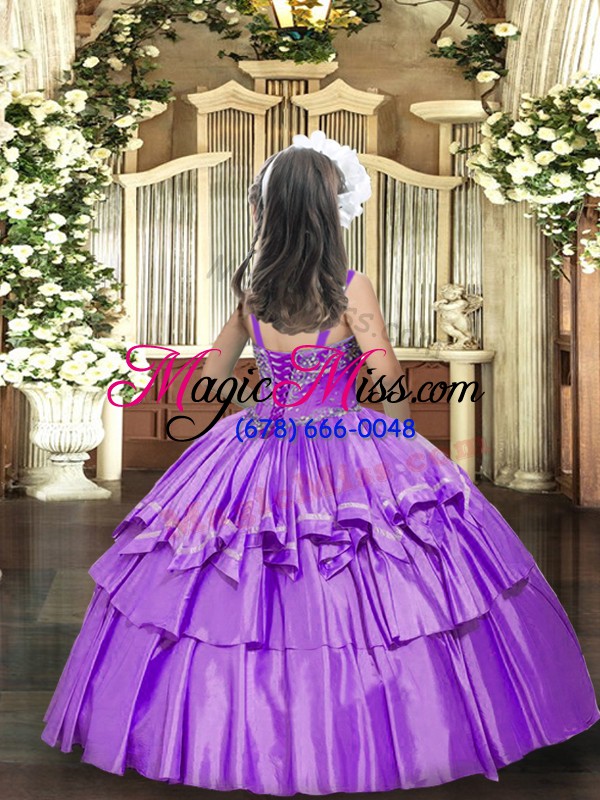 wholesale affordable blue lace up little girls pageant gowns beading and ruffled layers sleeveless floor length
