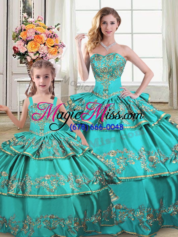 wholesale organza sweetheart sleeveless lace up embroidery and ruffled layers 15th birthday dress in aqua blue