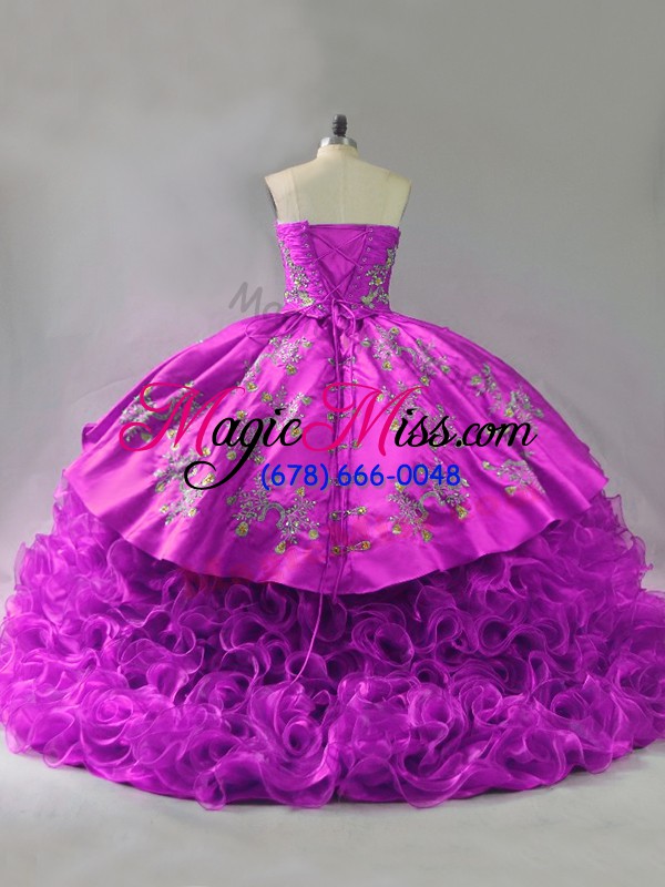 wholesale pretty fuchsia lace up 15 quinceanera dress beading and embroidery and ruffles sleeveless brush train