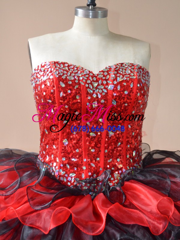 wholesale extravagant red and black organza lace up ball gown prom dress sleeveless floor length beading and ruffled layers