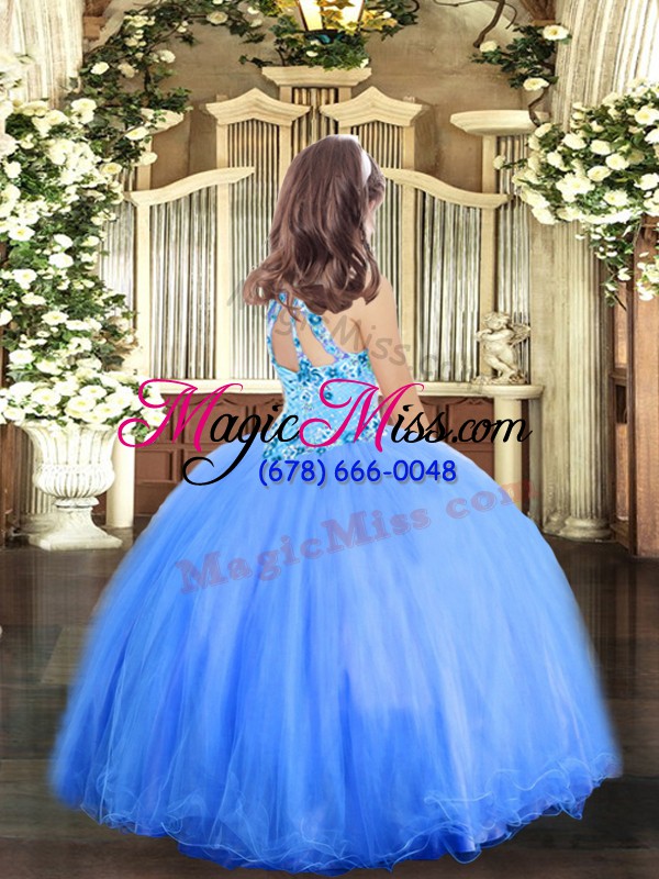 wholesale floor length blue kids pageant dress halter top sleeveless lace up
