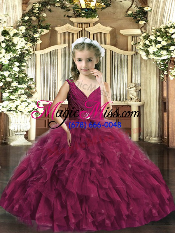 wholesale trendy burgundy ball gowns tulle sleeveless beading and ruffles floor length backless little girls pageant dress