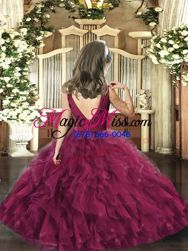 wholesale trendy burgundy ball gowns tulle sleeveless beading and ruffles floor length backless little girls pageant dress