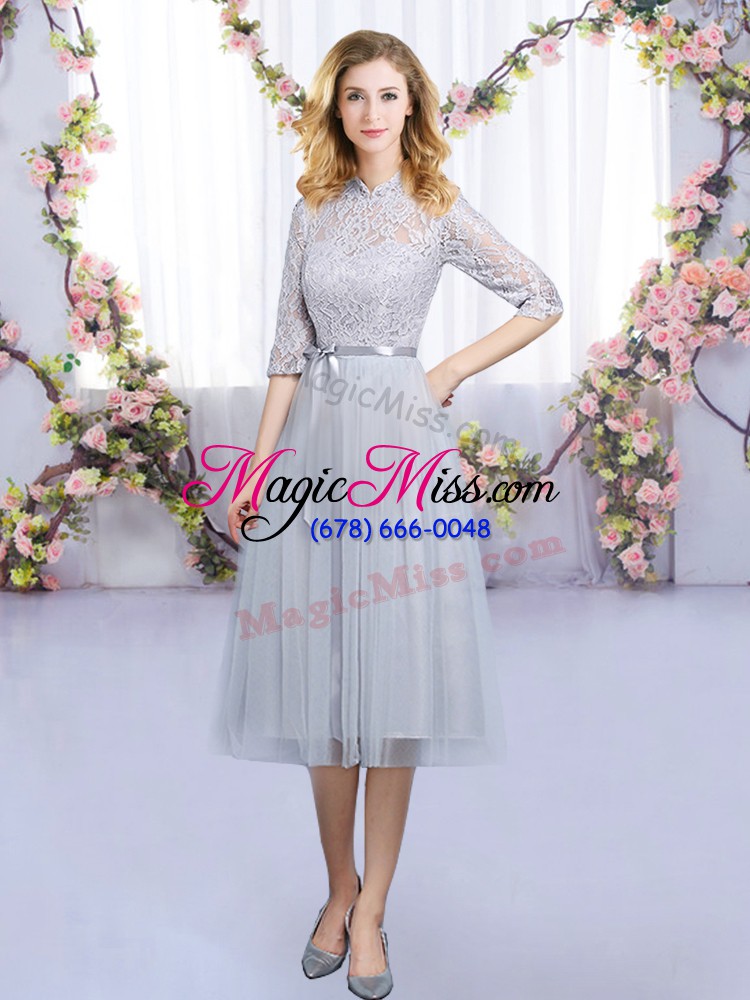 wholesale dynamic tea length empire half sleeves grey bridesmaid dress zipper