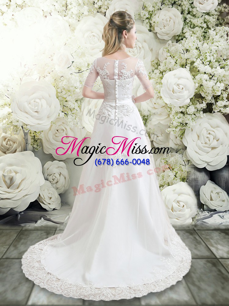 wholesale chic white empire scoop long sleeves tulle brush train clasp handle lace wedding gown