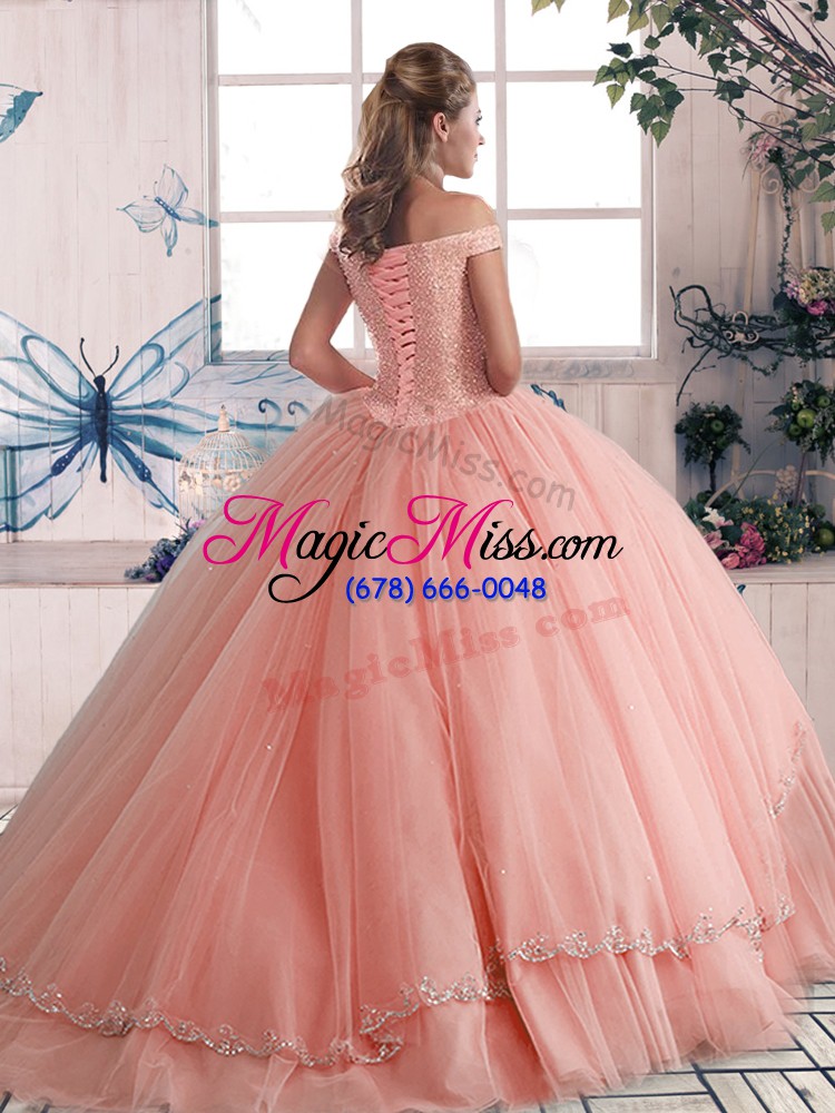 wholesale luxury peach ball gowns off the shoulder sleeveless tulle brush train lace up beading sweet 16 dresses