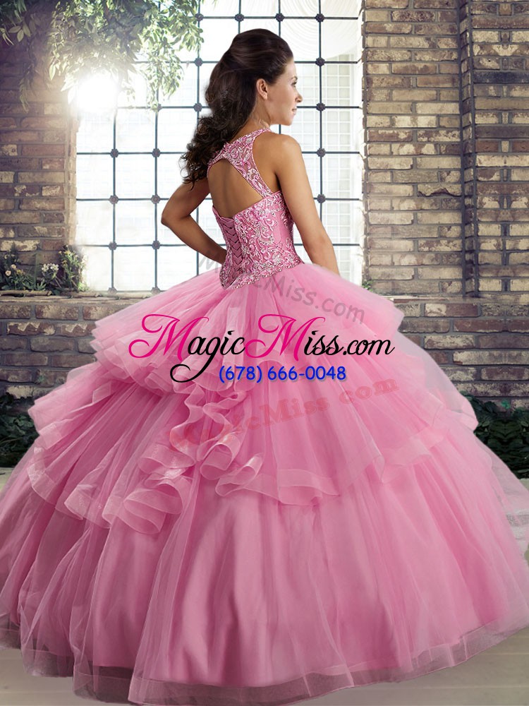 wholesale sleeveless lace and embroidery and ruffles lace up quince ball gowns