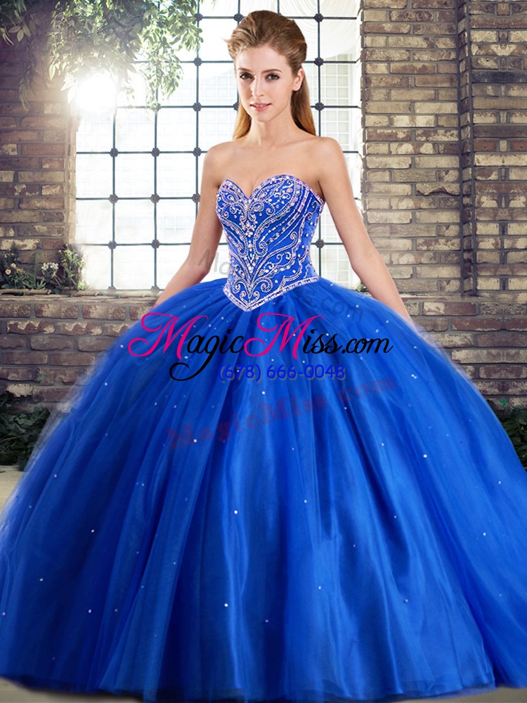 wholesale beading quince ball gowns blue lace up sleeveless brush train