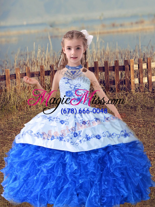 wholesale cute beading and embroidery and ruffles kids pageant dress blue and white lace up sleeveless floor length