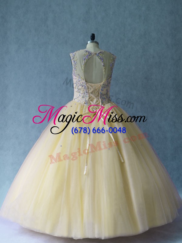 wholesale stylish light yellow sleeveless floor length beading lace up sweet 16 dress
