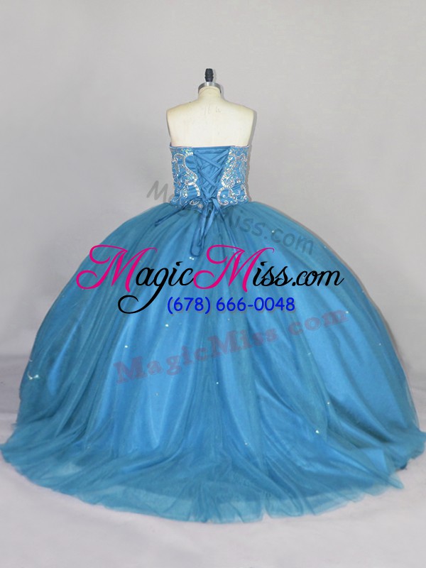 wholesale attractive brush train ball gowns sweet 16 dresses blue sweetheart tulle sleeveless lace up