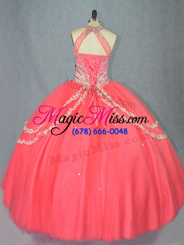 wholesale extravagant watermelon red ball gowns halter top sleeveless tulle floor length lace up beading and ruffles quince ball gowns