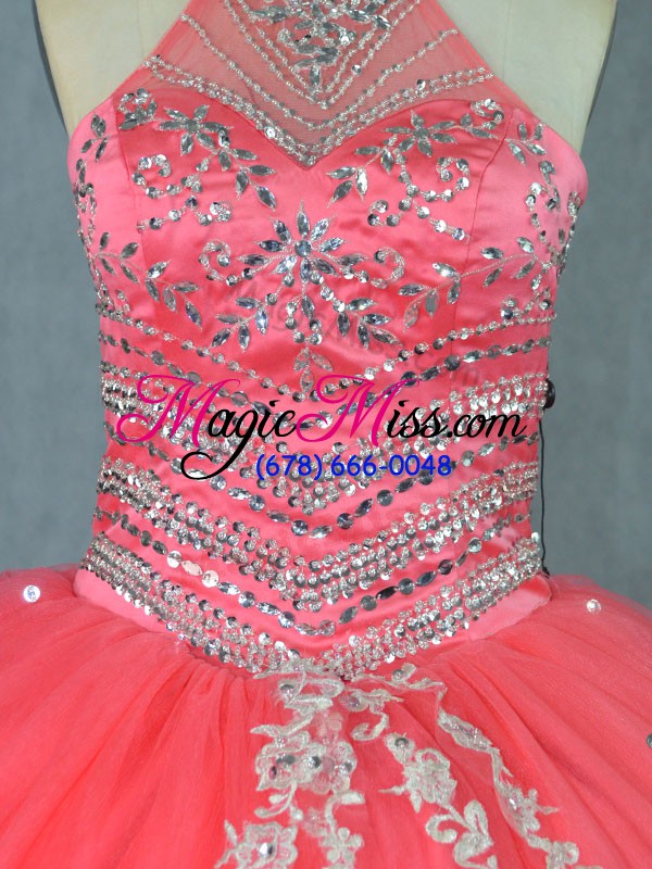 wholesale extravagant watermelon red ball gowns halter top sleeveless tulle floor length lace up beading and ruffles quince ball gowns