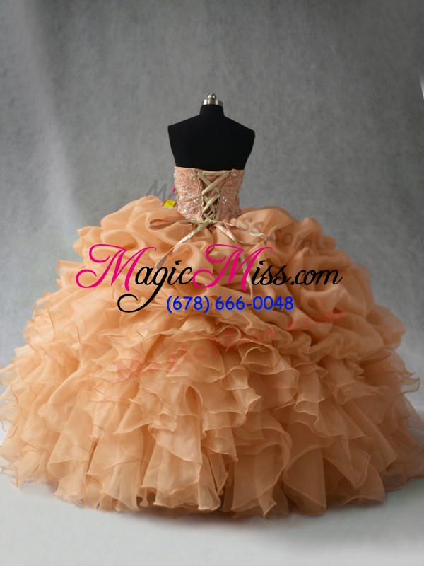 wholesale gold ball gowns beading and ruffles and pick ups sweet 16 dresses lace up organza sleeveless floor length
